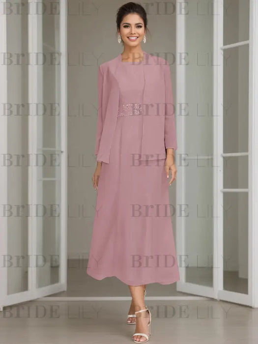 Tea-Length Mother of the Bride Sheath Dress with Beaded Jacket