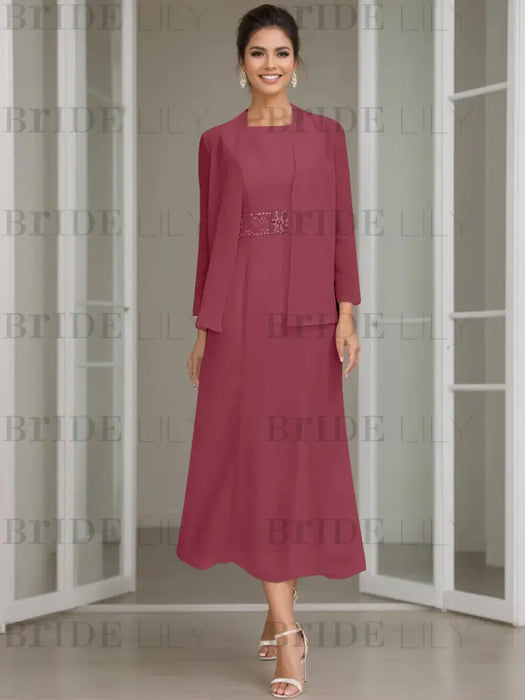 Tea-Length Mother of the Bride Sheath Dress with Beaded Jacket