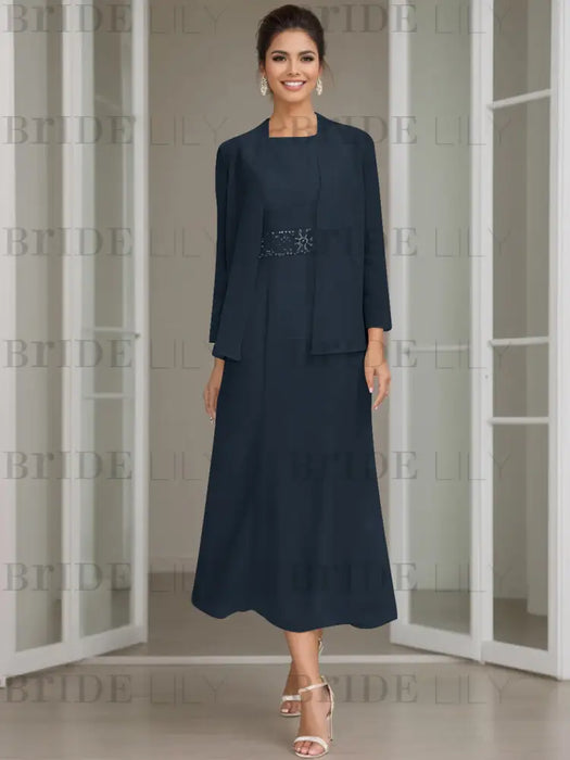 Tea-Length Mother of the Bride Sheath Dress with Beaded Jacket