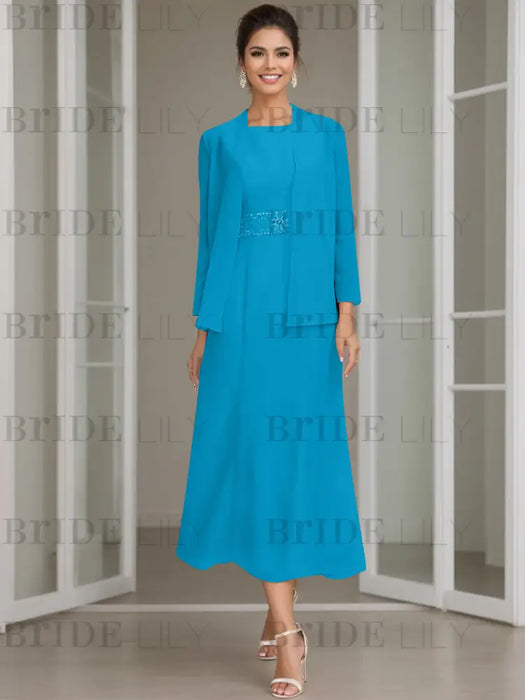 Tea-Length Mother of the Bride Sheath Dress with Beaded Jacket