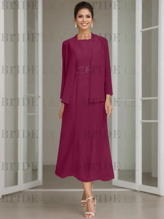 Tea-Length Mother of the Bride Sheath Dress with Beaded Jacket