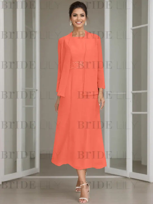 Tea-Length Mother of the Bride Sheath Dress with Beaded Jacket