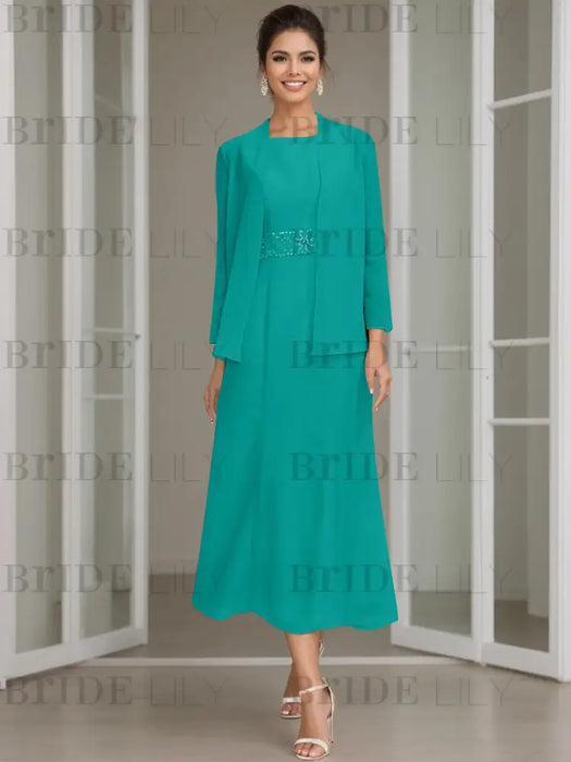 Tea-Length Mother of the Bride Sheath Dress with Beaded Jacket