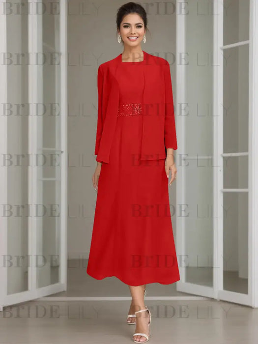 Tea-Length Mother of the Bride Sheath Dress with Beaded Jacket