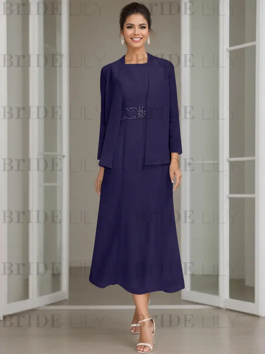 Tea-Length Mother of the Bride Sheath Dress with Beaded Jacket