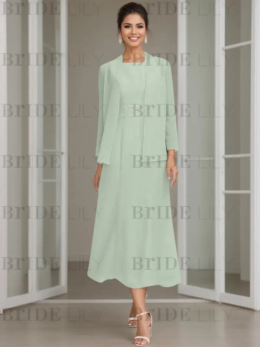 Tea-Length Mother of the Bride Sheath Dress with Beaded Jacket