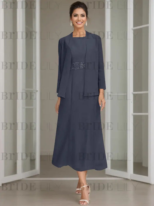 Tea-Length Mother of the Bride Sheath Dress with Beaded Jacket