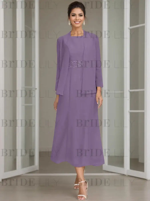 Tea-Length Mother of the Bride Sheath Dress with Beaded Jacket