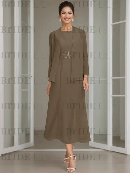Tea-Length Mother of the Bride Sheath Dress with Beaded Jacket