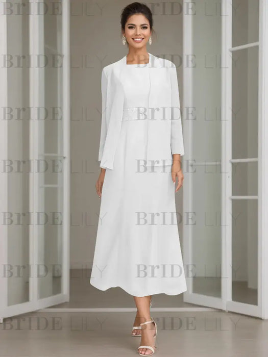 Tea-Length Mother of the Bride Sheath Dress with Beaded Jacket