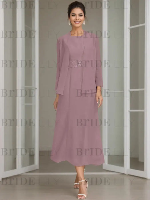 Tea-Length Mother of the Bride Sheath Dress with Beaded Jacket