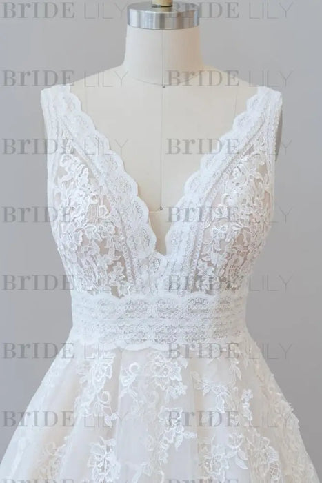 Elegant V-neck Appliques Tulle A-line Wedding Dress - Wedding Dresses