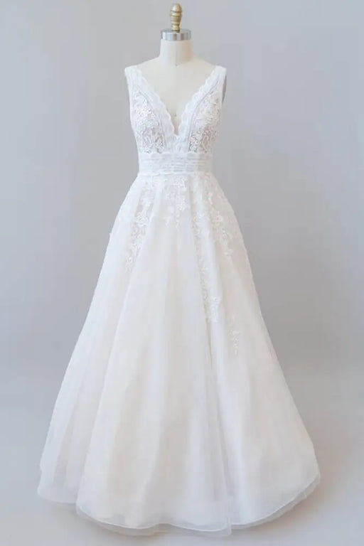 Elegant V-neck Appliques Tulle A-line Wedding Dress - Wedding Dresses
