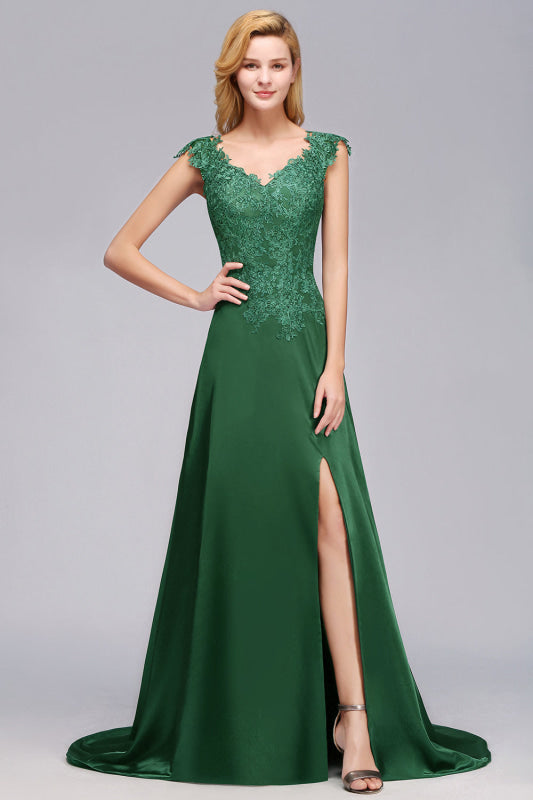 V-Neck A-line Dark Green Bridesmaid Dress Rhinestone Waist Belt