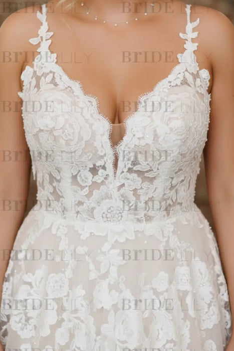 Elegant V neck Ivory Aline Wedding Dress Sleeveless Tulle Lace Bridal Dress