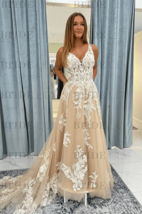 Elegant V Neck Lace Aline Wedding Dress with Appliques wedding dresses Chmpagne