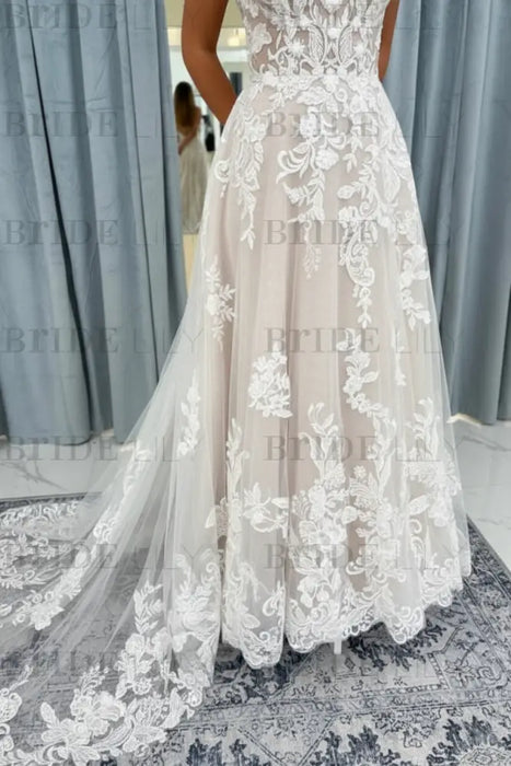 Elegant V Neck Lace Aline Wedding Dress with Appliques wedding dresses