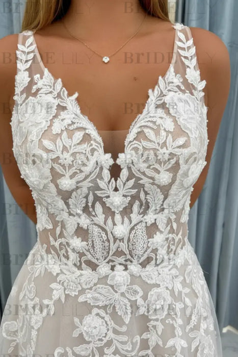Elegant V Neck Lace Aline Wedding Dress with Appliques wedding dresses