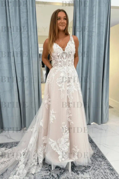 Elegant V Neck Lace Aline Wedding Dress with Appliques wedding dresses Blush Pink