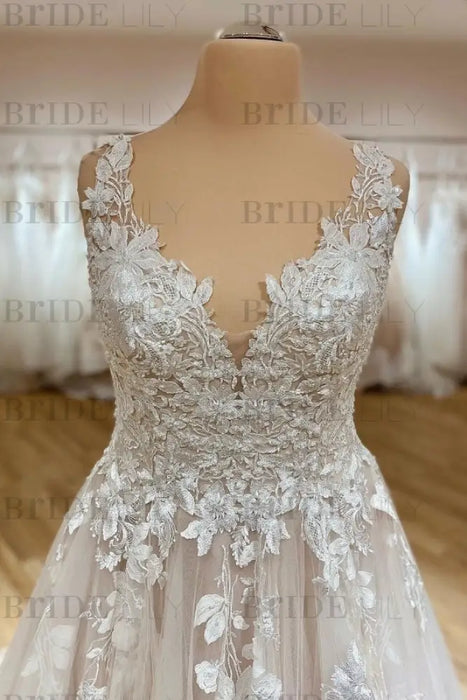 Elegant V-neck Lace Tulle Aline Wedding Dress Appliques Sleeveless