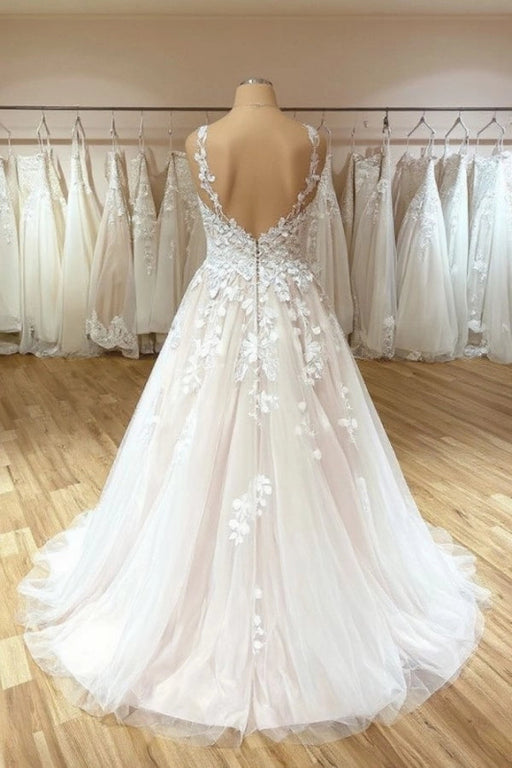 Elegant V-neck Lace Tulle Aline Wedding Dress Appliques Sleeveless