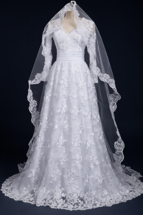 Elegant V-Neck Long Sleeves Covered Button Lace Wedding Dresses Aline