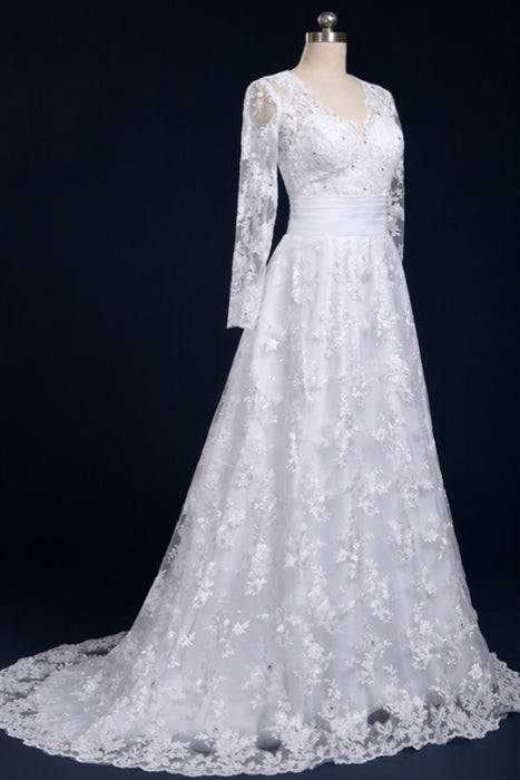 Elegant V-Neck Long Sleeves Covered Button Lace Wedding Dresses Aline