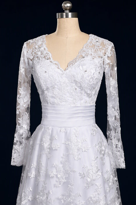 Elegant V-Neck Long Sleeves Covered Button Lace Wedding Dresses Aline