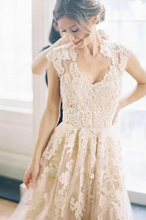 Elegant V-neck Sleeveless Cap Sleeves Floor-Length Wedding Dress - Wedding Dresses