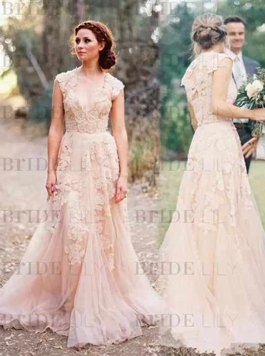 Elegant V-neck Sleeveless Cap Sleeves Floor-Length Wedding Dress - Wedding Dresses