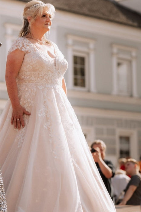 Elegant V-neck Tulle Aline Wedding Dress Plus Size Floral Lace Appliques
