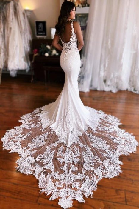 Mermaid Wedding Dress with Lace Appliques & Cathedral Train