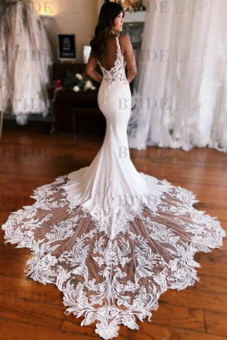 Mermaid Wedding Dress with Lace Appliques & Cathedral Train