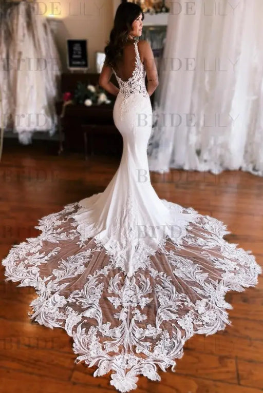 Mermaid Wedding Dress with Lace Appliques & Cathedral Train