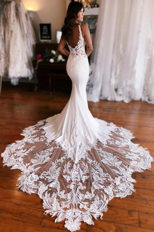 Mermaid Wedding Dress with Lace Appliques & Cathedral Train