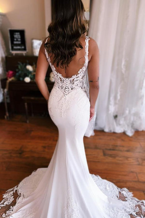 Mermaid Wedding Dress with Lace Appliques & Cathedral Train