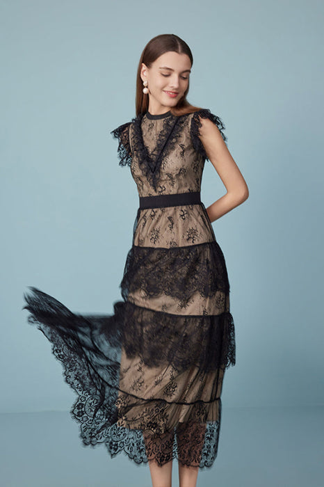 Elgant Bateau Neck Black Lace Maxi Dress Patchwork Sleeveless Evening Dress - Dresses