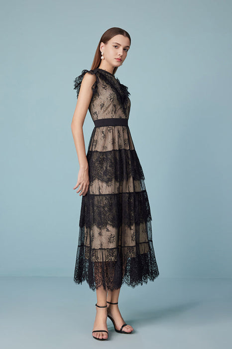 Elgant Bateau Neck Black Lace Maxi Dress Patchwork Sleeveless Evening Dress - Dresses