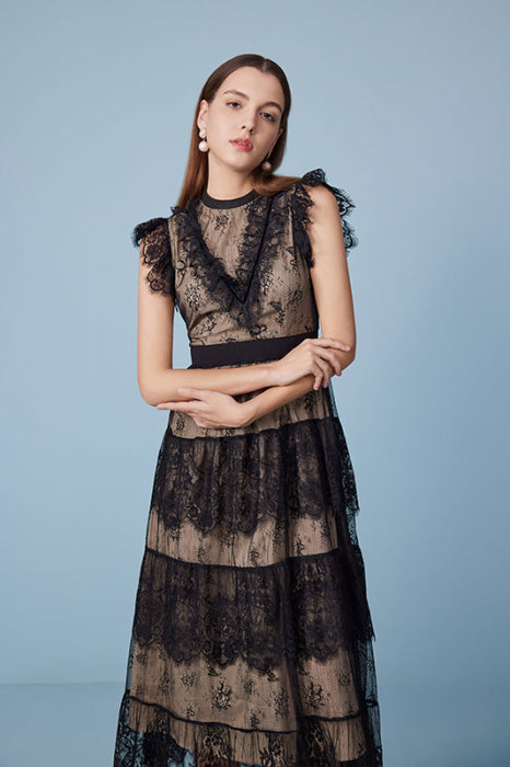 Elgant Bateau Neck Black Lace Maxi Dress Patchwork Sleeveless Evening Dress - Dresses