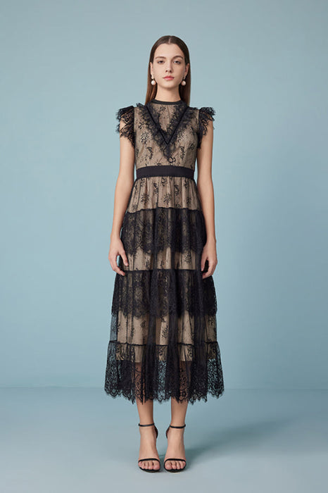Elgant Bateau Neck Black Lace Maxi Dress Patchwork Sleeveless Evening Dress - Dresses