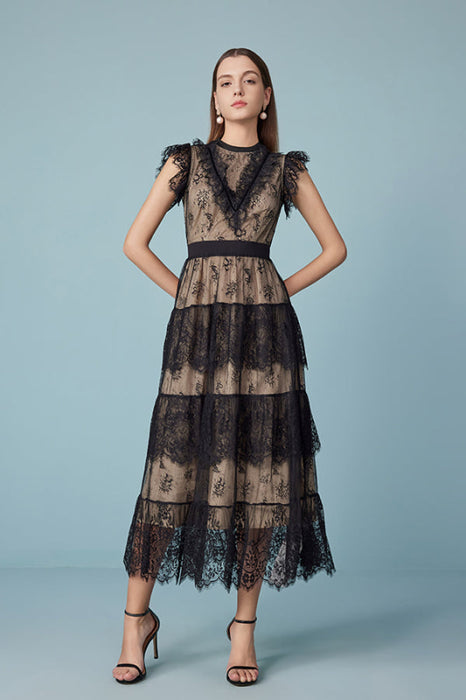 Elgant Bateau Neck Black Lace Maxi Dress Patchwork Sleeveless Evening Dress - Dresses