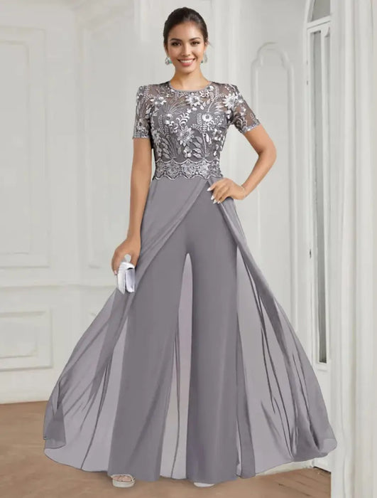 Grey chiffon wide leg pantsuit with a silver embroidered lace top