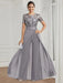 Grey chiffon wide leg pantsuit with a silver embroidered lace top