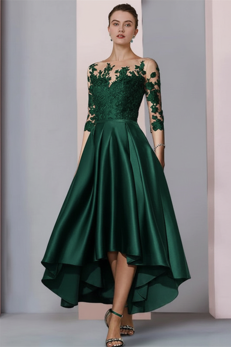Emerald Mermaid Satin Hi-Lo Mother of-Bride Dress with Appliques - Prom Dresses