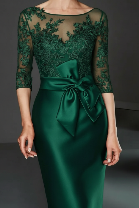 Emerald Bateau 3/4 Long Sleeves Satin Mother of the Bride Dresses with Lace - Prom Dresses