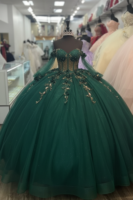 Emerald Green Off-the-Shoulder 3D Floral Quinceanera Dress Sweet 16 Ball Gown with Beadings