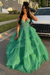Emerald Green Spaghetti Straps Tulle Aline Prom Dress Floral Tiered Ruffles Corset Formal Dress