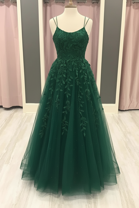 Emerald Green A Line Lace Long Prom Dresses