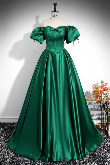 Emerald Green A-Line Pleated Off-The-Shoulder Prom Dress