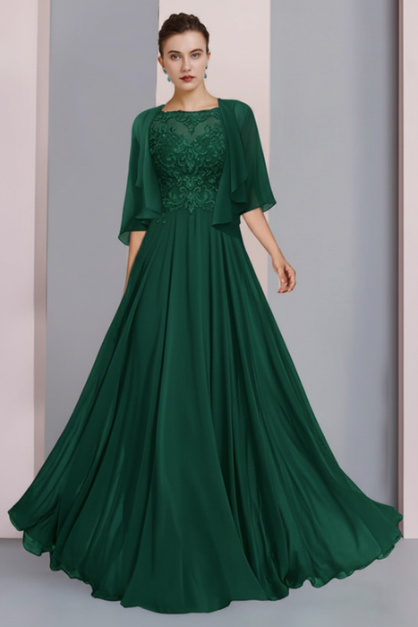 Emerald Green Floor-Length A-Line Mother of the Bride Dress with Princess Scoop Neckline